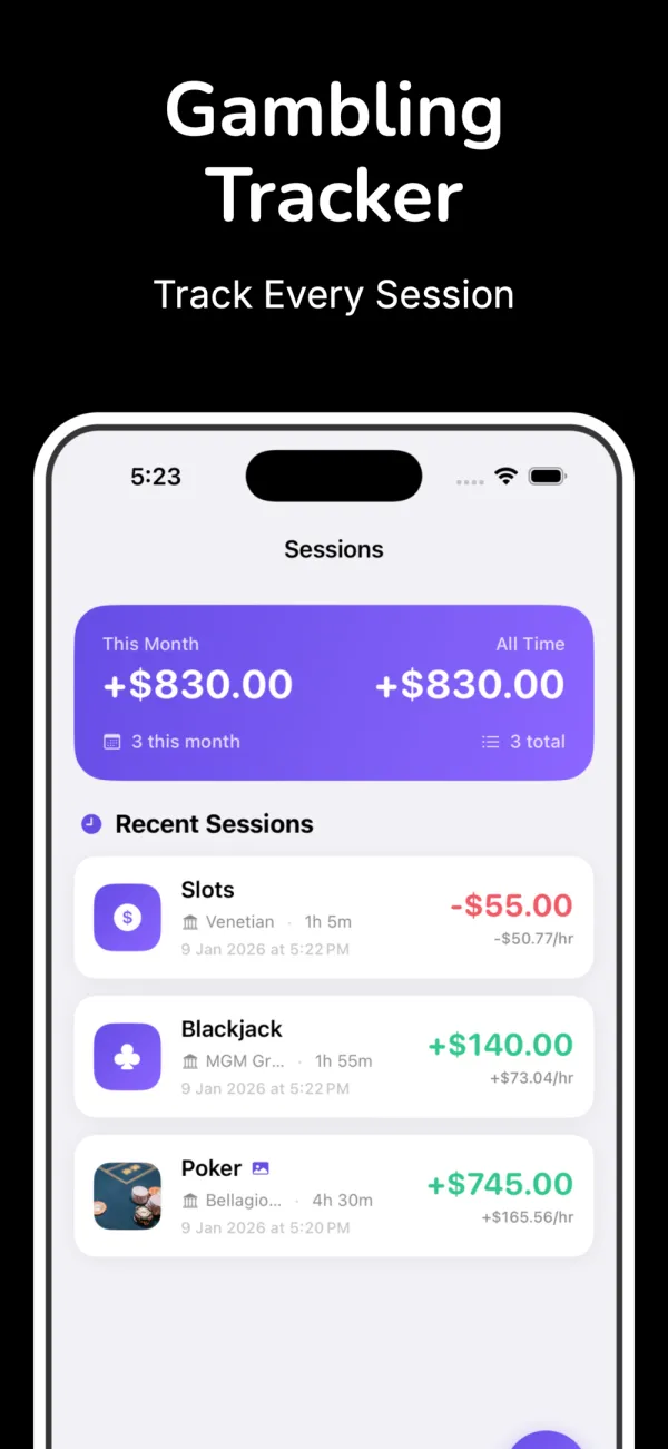 Sessions list showing this month and all-time profit above recent blackjack, poker and slots sessions