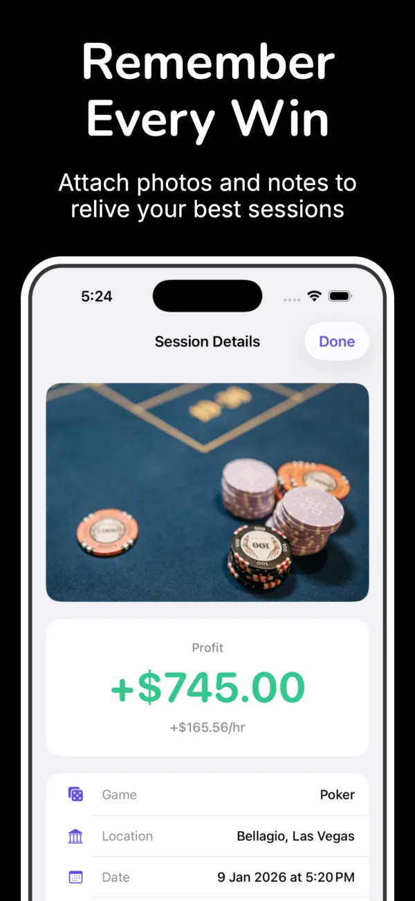 Session detail screen with a photo, profit, game, location and date